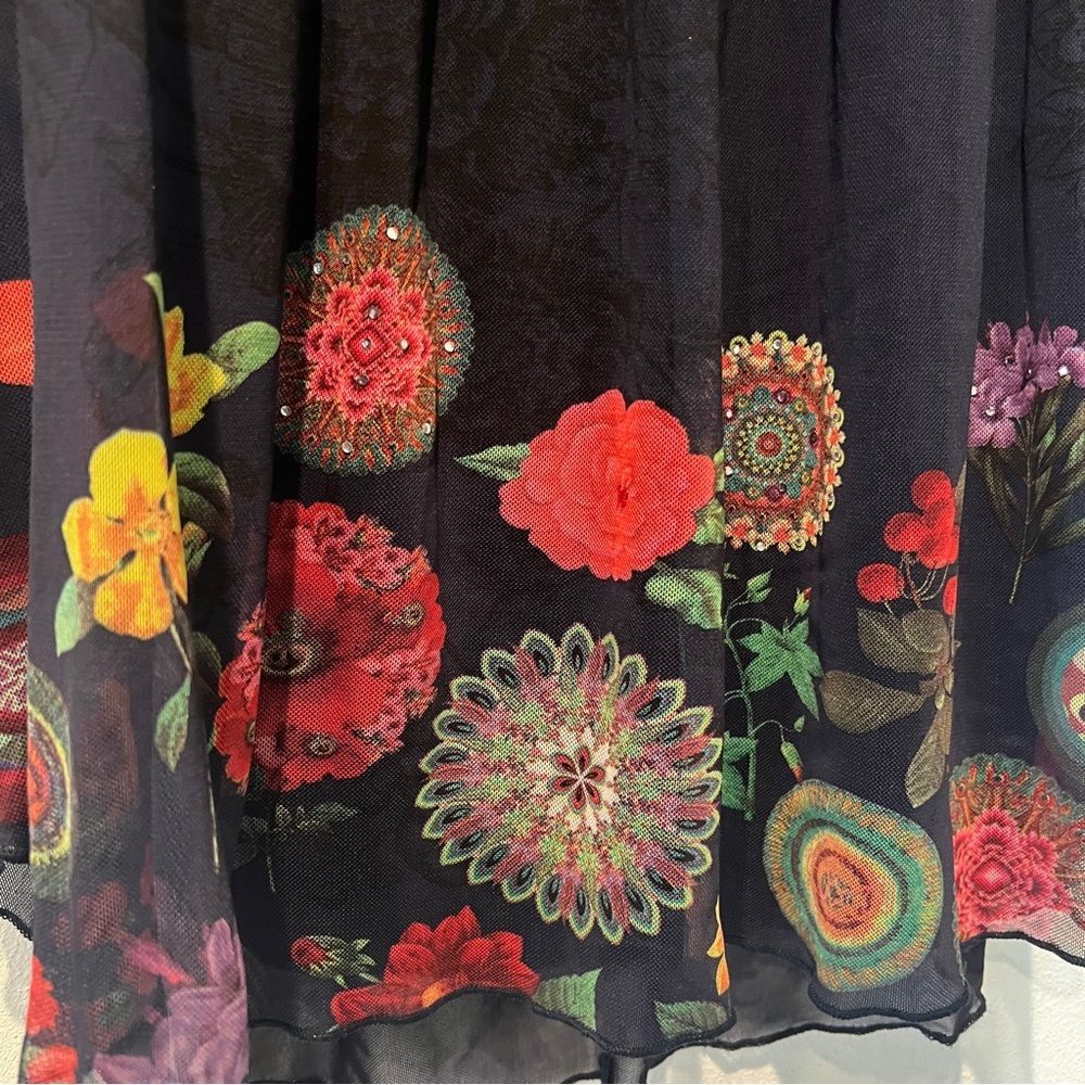 Desigual O’Hara Sheer Sleeve Floral and Rhinestone Hem Lined Flowy Blouse - Picture 5 of 11